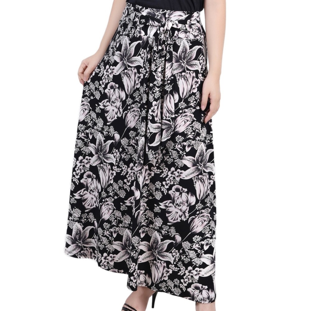 NY Collection Maxi Sash Waist Tie Black White Floral Skirt Womens PL